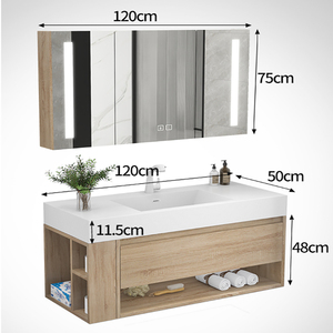 Meuble de salle de bain moderne simple meuble de salle de bain mural couleur bûche avec miroir lumineux à led - Product Image 6