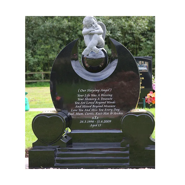 Pietra tombale d'angelo in marmo con pietra nera intagliata a mano per tombe monumento funebre in granito