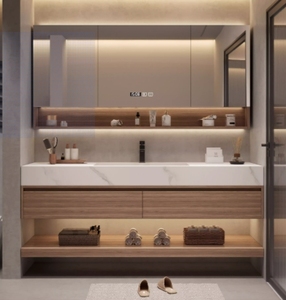 Phòng tắm sang trọng Vanity tùy chỉnh tủ gỗ rắn với đá thiêu kết truy cập hàng đầu và ngăn kéo Vanity tủ và kệ - Product Image 2