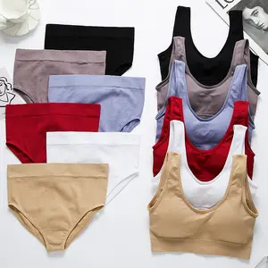 Üretici OEM özel Logo kadın genç kız bayanlar seksi pamuk tel ücretsiz sutyen kısa setleri kadın iç çamaşırı külot ve sutyen seti