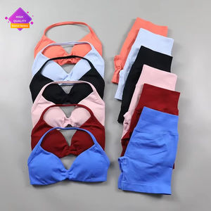 Set Yoga Seamless Ruched Wanita, Pakaian Olahraga, Shorts Gym Anti Guncangan, Sport Bra Bertali, Set 2 Potong, Baju Olahraga Halter, Setelan Fitness - Product Image 1