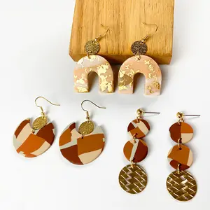Wholesale Bohemian Antique Printed Soft Pottery Earrings Geometry Polymer Clay Earrings Handmade for Girls