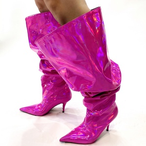 Fashion Trend Loose Pleated Upper <b>Shoes</b> Thin High Heels Pointed Toe Metallic Long Boots Women's Wide Fit Knee High Booties - Product Image 1