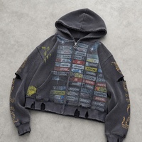 Ensemble de sweat-shirt à capuche zippé en tricot gaufré gris foncé JUSHENG avec étiquette imprimée, ensemble deux pièces streetwear