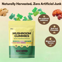 Complément alimentaire en gommes OEM Vegan Natural Lion Mane Ashwagandha 10 en 1 à base de mélange de champignons pour le soutien immunitaire des adultes, saveur pêche