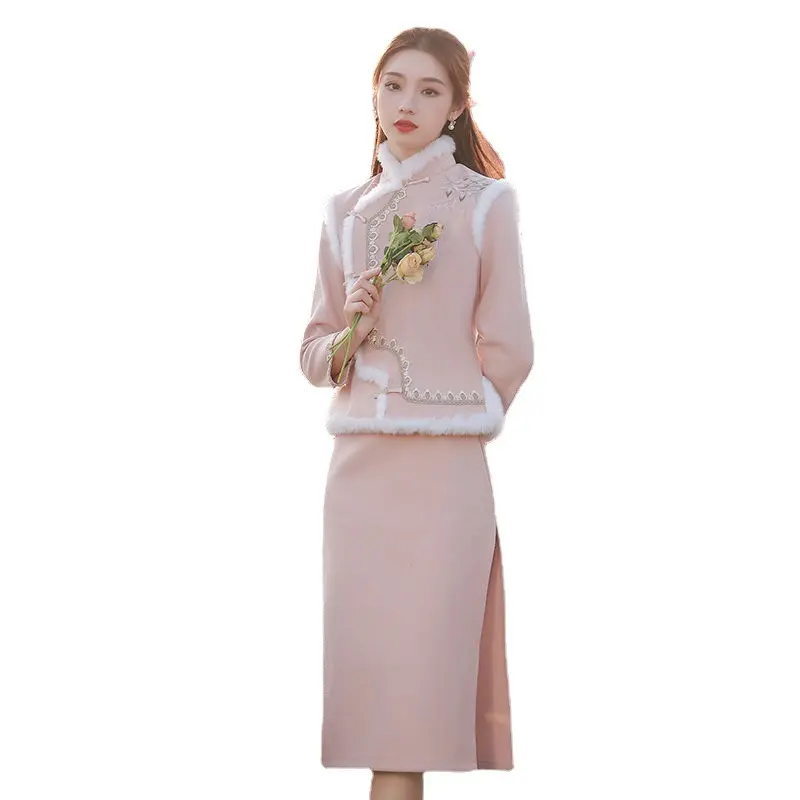 Long sleeve velvet and thick female pink suit modified young cheongsam