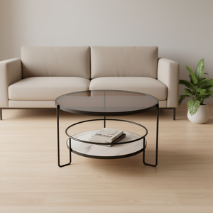 Tavolino da Caffè Moderno Rotondo con Piano in Vetro, Struttura in Ferro e Ripiano Portaoggetti, Arredamento per Soggiorno - Product Image 2