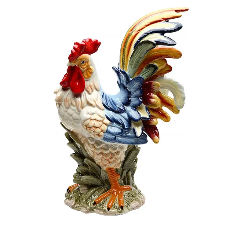 קרמיקה תרנגול 15.75 אינץ פורצלן צבוע צבעוני תרנגול ציפור צלמית פסל, כחול/כתום
