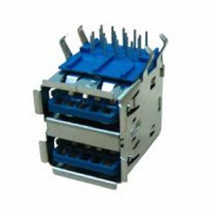 Connecteur USB 3.0 de type double emplacement à 9 broches, angle droit, avec coque nickelée et contacts plaqués or 30u pour PCB, isolant bleu - Product Image 1