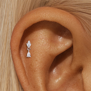 925 Sterling Silver Moissanite Stud <b>Earrings</b> Teardrop Tassel Classic Solitaire <b>Flat</b> <b>Back</b> Piercing 16G 8mm Length - Product Image 5