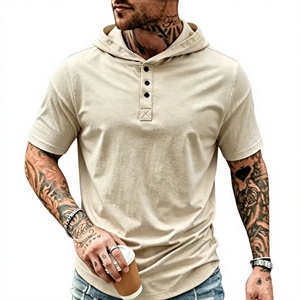 Men's Hooded Henley T Shirt Short Sleeve Casual Pullover Hooded Polo Tee for Summer Streetwear - Product Image 1