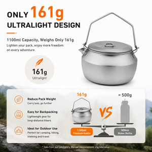 Popular 1100ml Pure Titanium Camping Kettle Bail Handle <b>Portable</b> Outdoor Tea Pot Ultralight Hanging Boiling Water Coffee Pot - Product Image 3