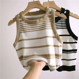 I-0580 New Arrival Women Vintage Tank <b>Top</b> Wholesale Short Casual Sweater Vest <b>Striped</b> Sleeveless <b>Crop</b> Knit Sweater Vest - Product Image 2