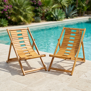 Chaise longue d'extérieur moderne en teck, pliable et inclinable, avec lattes, pour jardin, terrasse et piscine - Product Image 3