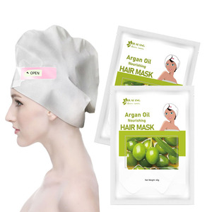 Feuille de <span class=keywords><strong>masque</strong></span> de traitement de spa à la kératine au collagène à l'huile d'argan nourrissante végétalienne Capuchon de feuille de cheveux infusée d'acide hyaluronique - Product Image 1