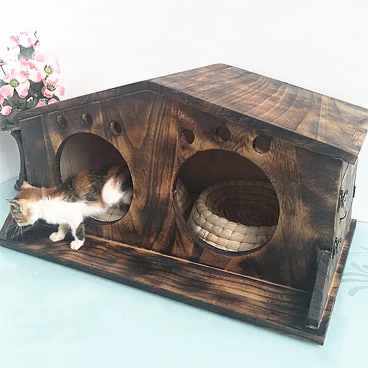 Benutzer definierte billige Korb Stil Kiefernholz moderne kleine Indoor Holz Outdoor Katze Hundehütte für Haustier Hunde Häuser Holz Katze Haus