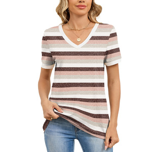 Camiseta de Punto Formal Cómoda con Cuello en V, Manga Corta Holgada y Bloques de Color a Rayas, Nueva Colección Primavera Verano 2026 - Product Image 6