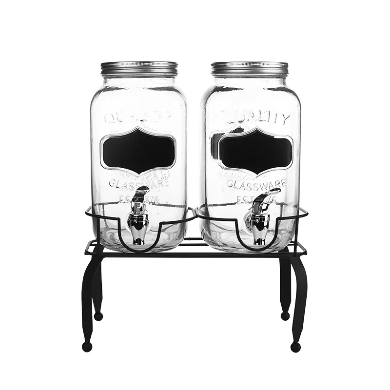 Beverage Dispenser China Hot Sale High Quality Twins 4L Glass Beverage Dispenser With Plastic Tap And Iron Stand