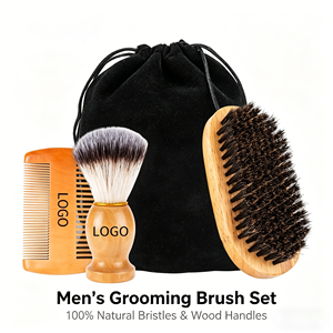 Kit de soin de la <span class=keywords><strong>barbe</strong></span> pour homme de luxe 4-en-1 avec brosse en poils de sanglier naturels, peigne en bois et sac en velours pour un cadeau de la fête des pères - Product Image 1