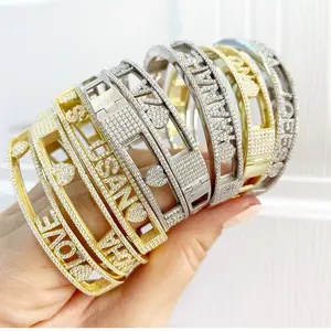 personalized name jewelry micro pave 5A cz gold rhodium plated slider moving letter heart eye charms bangle