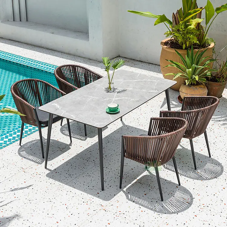 Mobili da giardino in rattan tavolo da pranzo all'aperto e sedia set marrone