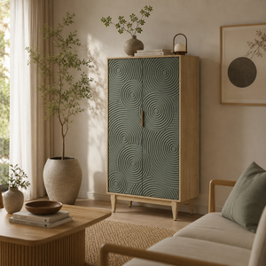 Armoire haute moderne à motifs CNC avec membrane vert olive et finition grain de bois - Product Image 4