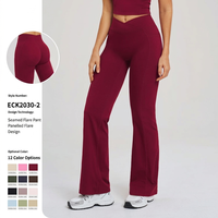 Pantalon de yoga éco-responsable uni, coupe évasée en V, taille haute, élastique, avec poches, jambe large, extensible dans quatre directions, effet froncé aux fesses