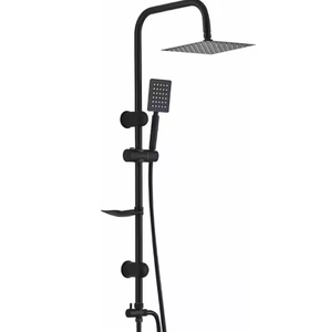 Columna de ducha moderna económica con grifo monomando, acabado cromado de acero inoxidable pulido, montaje en pared, estante para jabón y barra deslizante. - Product Image 4