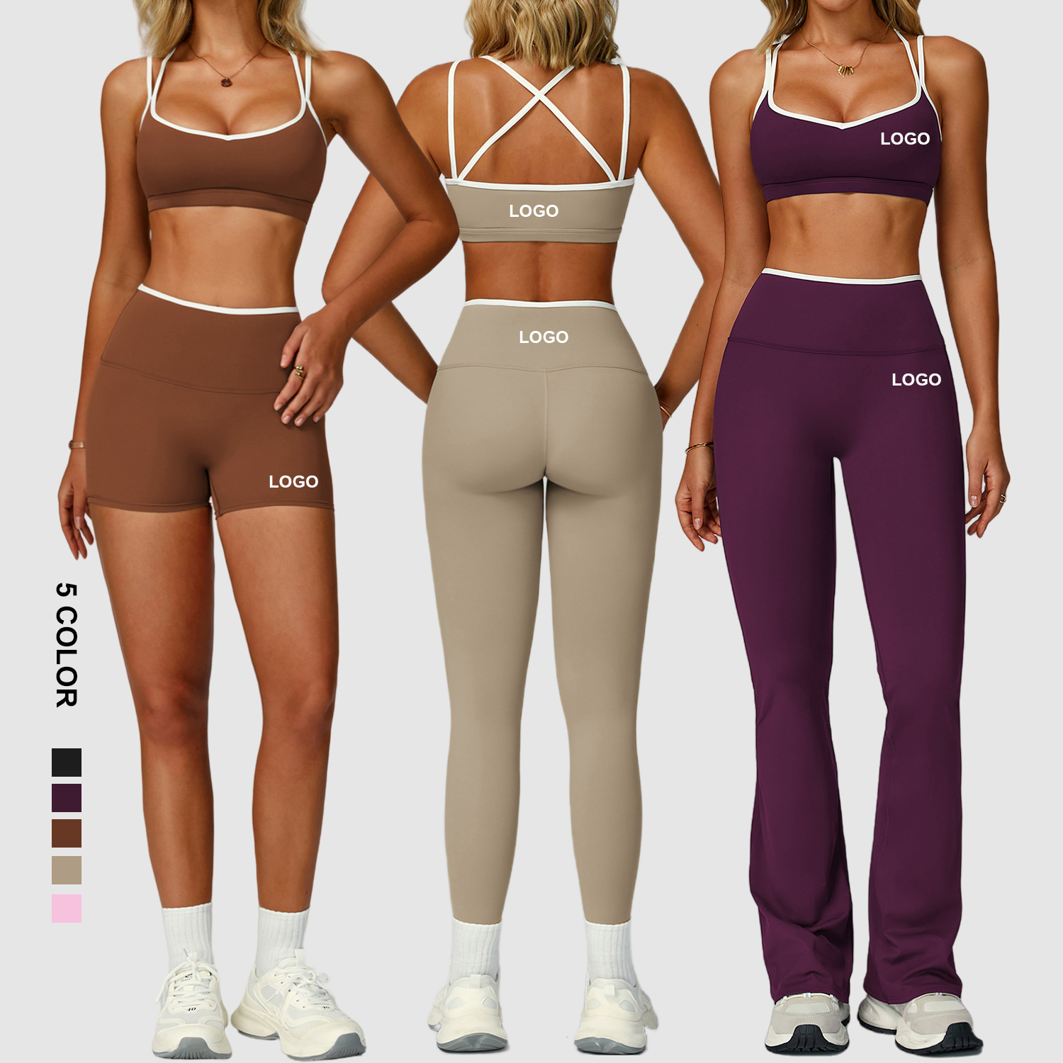 Custom logo Sport Wear Fitness Workout Quick Dry Women's Gym Clothes High Waist Leggings Butt Shorts and Bra Yoga Set