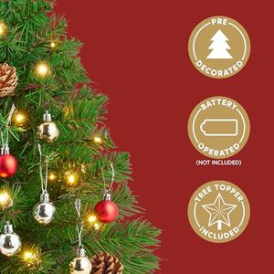 Petit sapin de Noël de table avec 30 lumières, boules étoiles, baies rouges, cônes de pin, mini sapin artificiel décoré pour Noël - Product Image 3
