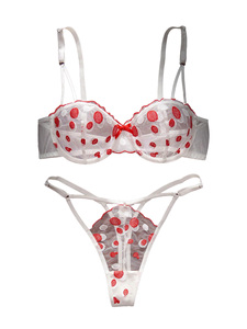 여성용 화이트 레드 물방울 무늬 시스루 리본 라이트 컨트롤 친환경 2피스 란제리 세트 시스루 브라 팬티 나이트웨어 - Product Image 6