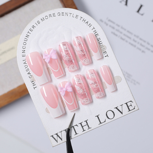 24 <span class=keywords><strong>Uñas</strong></span> Postizas Rosas con Lazo, Forma Ataúd, Mediano-Largo, Brillantes, Estilo Ballet, Cobertura Completa, Decoración Acrílica para Manicura - Product Image 3