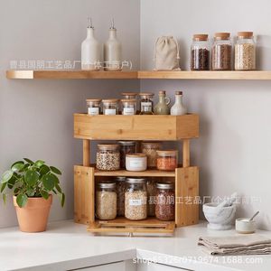 Caja de pan de bambú de 2 niveles, estante de almacenamiento esquinero con cajón para organizar alimentos en la cocina, color madera natural - Product Image 3