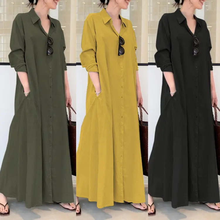 Cotton And Linen Solid Color Lapel Long-Sleeved Pockets Simple Loose Casual Long Shirt Dress Casual Shirt Dress