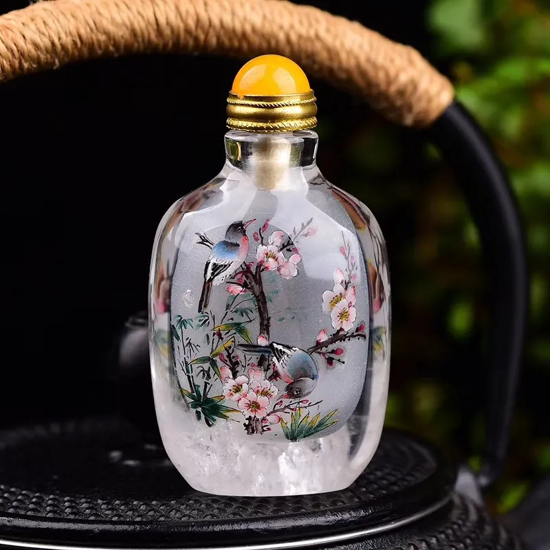 Großhandel Qualität natürliche weiße Kristall Parfüm flaschen, rein manuelle Malerei Blumen und Vögel Figur Kristall Heils tein