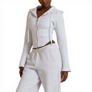 ชุดเซ็ตเสื้อแจ็คเก็ตมีซิปและกางเกงขาบานลำลองสำหรับผู้หญิง พิมพ์โลโก้ได้ตามต้องการ ผ้ากำมะหยี่มีฮู้ด ชุดวอร์ม 2 ชิ้น ผ้าฝ้าย 100% - Product Image 1