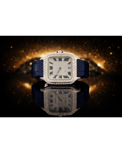 นาฬิกาข้อมือหรูหราประดับเพชรสำหรับผู้ชาย หน้าปัดทรงสี่เหลี่ยม สายหนังสีน้ำเงิน ตัวเรือนสีทอง - Product Image 1