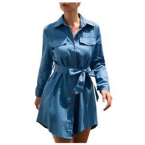 Dịch Vụ OEM Váy Thời Trang Phụ Nữ Màu Xanh Jeans Denim T-Shirt Dài Tay Sexy Dresses Casual Loose Áo Sơ Mi