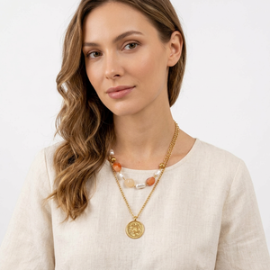 Collier multicouche plaqué or avec perles et pendentif pièce en imitation pierre naturelle, bijoux de mode unisexe bohème géométrique - Product Image 2