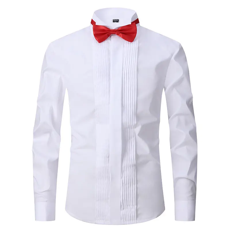 Customized Quality Men's Formal Cotton Long Sleeve Wingtip Collar French Cuffs Pleated White Texdo Shirt Tuxedo Dress Shirt
