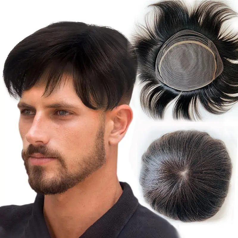 100% Ấn Độ nam tóc con người vá tự nhiên màu đen giá rẻ bền Máy làm hàng đầu lụa đầy đủ ren cơ sở người đàn ông tóc giả cho Đầu Hói