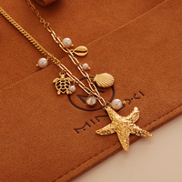 Collier pendentif Mingxi plaqué or 18 carats PVD, tortue, étoile de mer, coquillage, imitation perle, pour femme, chaîne à maillons en acier inoxydable, tendance océan