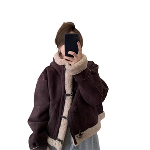 Women's Hooded Shearling Coat Dark Brown Short Style Winter Warm Faux Fur Jacket Loose Fit With Horn Buttons - Product Image 5