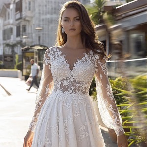 White Lace Appliqu V-Neck Mermaid Wedding Dress Empire Waist Backless Vintage Bridal Gown - Product Image 1