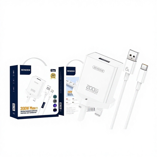 Cross-border UK Standard Mobile Phone Charger Type-C USB-A Super Full Protocol 200W Max Fast Charging PVC Cable Headset Charger