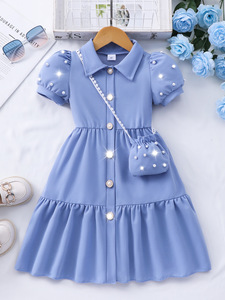 Abiti Estivi Rosa per Bambine, Nuova Moda con Maniche Corte e Design con Bottoni Luminosi, Set di <span class=keywords><strong>Abbigliamento</strong></span> per Bambine in Due Pezzi con Borsa - Product Image 4