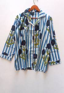Pyjama en coton à rayures bleues et imprimé floral pour femmes, manches longues, col rabattu, ensemble de vêtements de nuit décontractés de longueur complète - Product Image 4