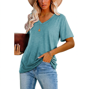 Camiseta Unisex de Cuello en V, Manga Corta, Color Sólido, Algodón, Corte Regular, Informal, Transpirable, Jersey de Invierno, Tejido de Punto, Estampado por Transferencia de Calor - Product Image 1