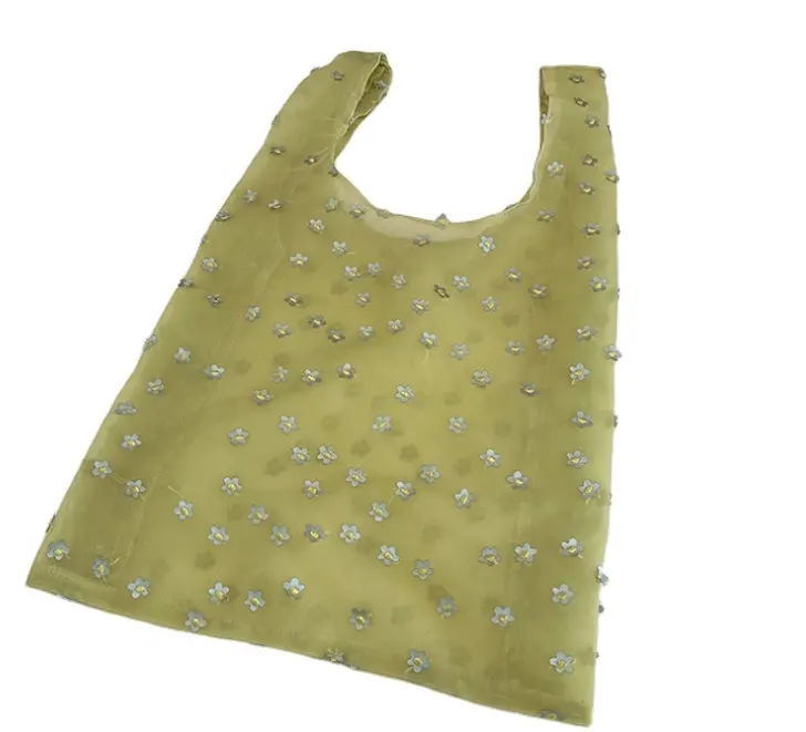 新しいフローラルチュールメッシュハンドバッグ花刺Embroideryギフト再利用可能な食料品バッグ折りたたみ式オーガンザトート