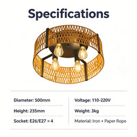 Lampe de plafond en corde de papier tissée à la main, forme de tambour circulaire, abat-jour en cage tissée, 4 ampoules, base E26/E27